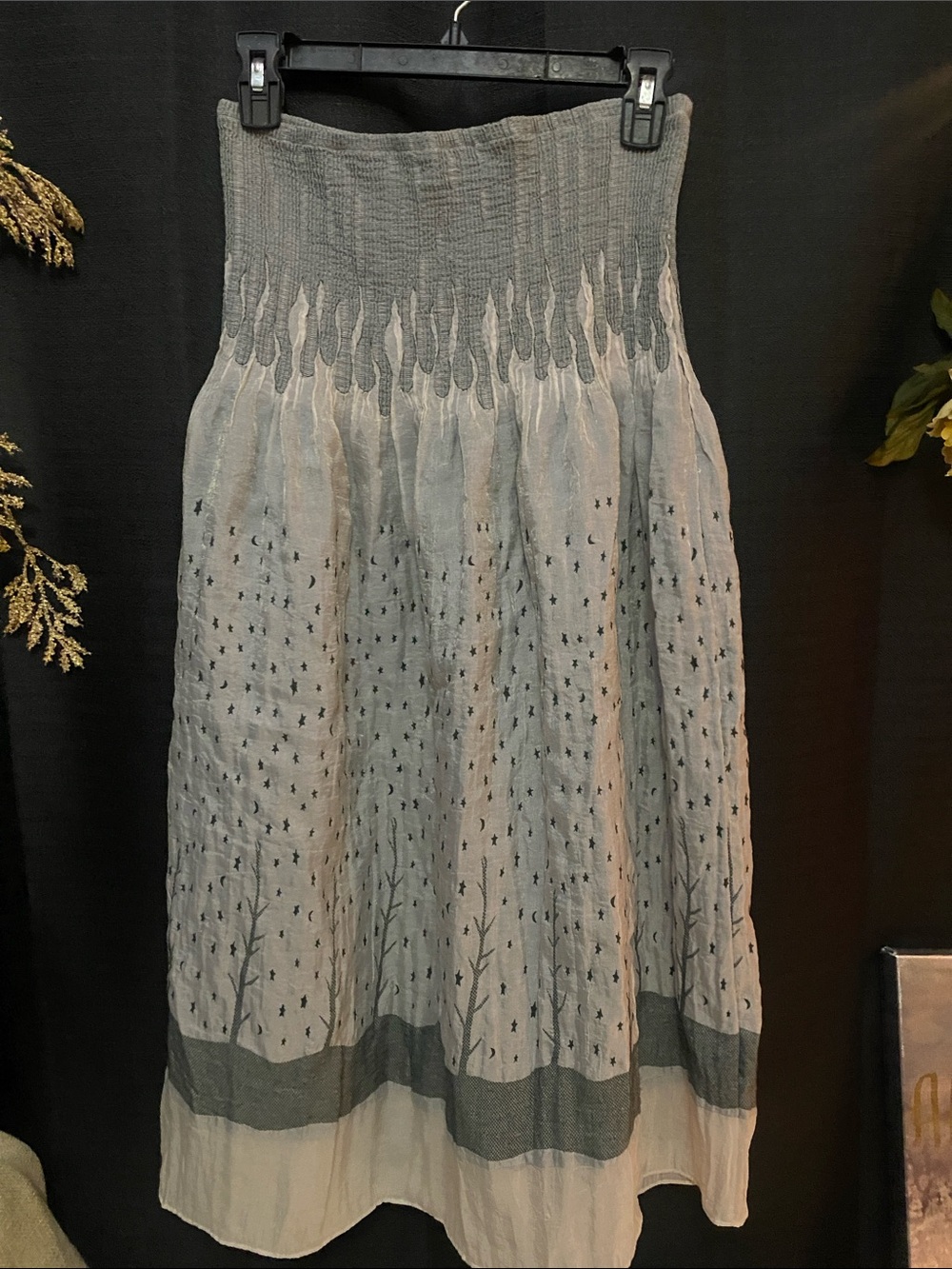 LAPIS SZ - One Size Grayish Blue Embroidered tube top Dress Moons Stars Trees